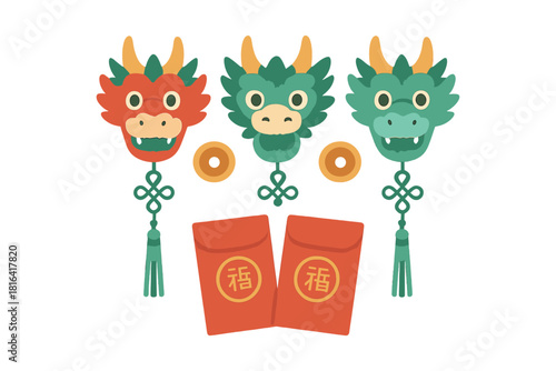Auspicious Lunar New Year elements featuring stylized dragon heads, lucky money packets, and ancient coins