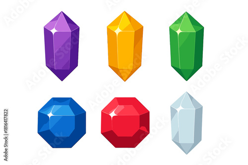 Colorful faceted gemstones and magic crystals collection on white background