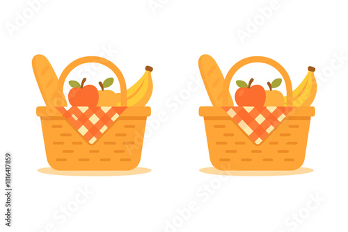 Identical wicker picnic baskets filled with apples, bananas, and baguette bread