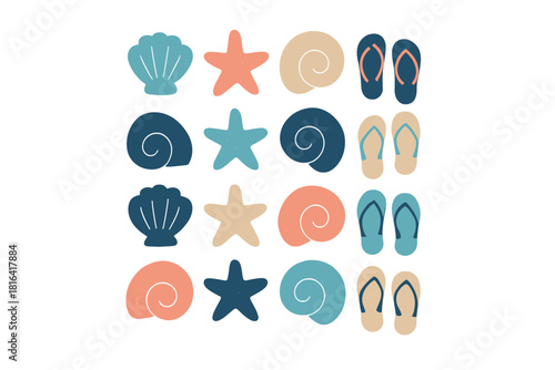 Seamless pattern of stylized seashells, starfish, and flip-flops for summer vacation