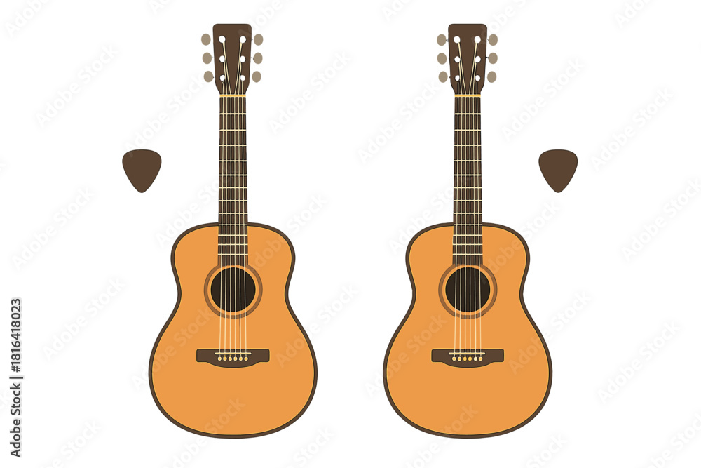 Obraz premium Two classic acoustic guitars and guitar picks isolated on a white background