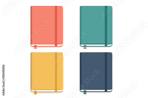 Set of four colorful closed journals with elastic bands and ribbon bookmarks