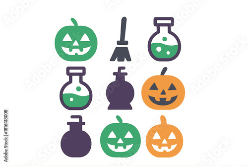 Spooky Halloween icons set featuring carved pumpkins, witch's broom, and bubbling potion flasks