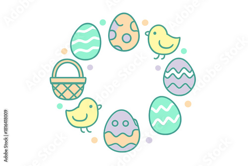 Colorful Easter eggs chicks and basket arranged in a circular pattern for holiday design