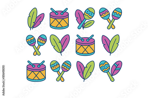 Colorful repeating background of carnival drums maracas and tropical feathers