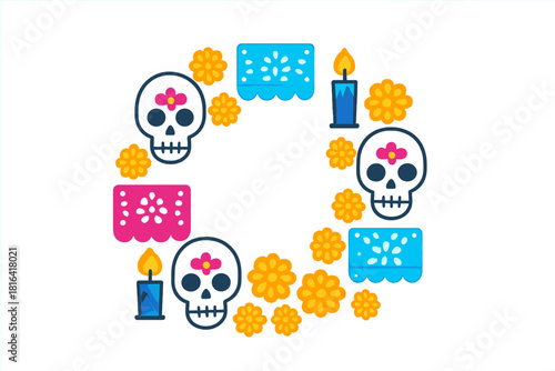 Traditional Mexican Day of the Dead wreath frame with sugar skulls, marigold flowers, and papel picado