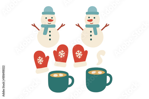Adorable snowmen characters, cozy red mittens with snowflakes, and steaming mugs of hot beverage