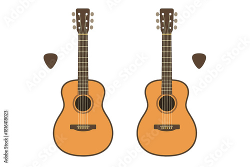 Two classic acoustic guitars and guitar picks isolated on a white background