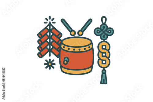 Traditional Chinese New Year celebration elements including drum firecrackers and lucky knot charm
