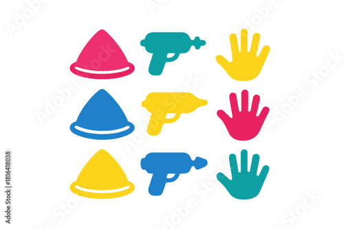 Colorful flat icons set for Holi festival including water guns, powder cones, and handprints