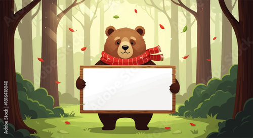 Cartoon Bear with Scarf Holding Blank Sign in Forest