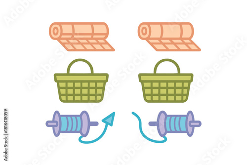 Colorful icons of household items and crafting supplies: rolled mat, woven basket, and thread spool