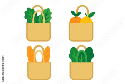 Four reusable shopping bags filled with fresh groceries: leafy greens, citrus fruits, and bread