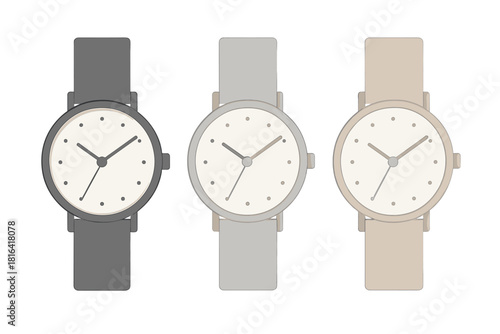 Three minimalist analog wristwatches with simple faces and plain straps in a neutral color palette