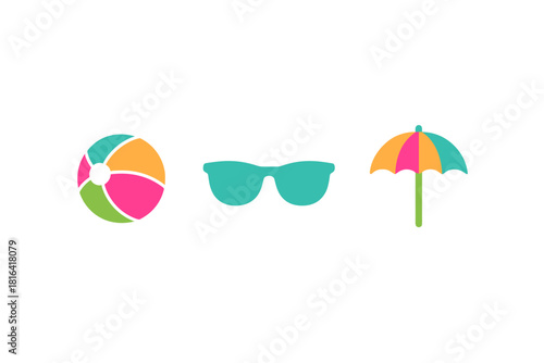 Colorful set of summer beach accessories including a ball, sunglasses, and a parasol