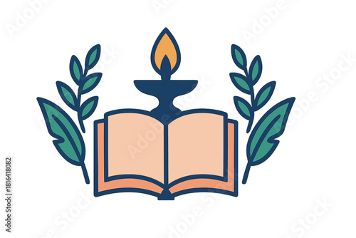 Open book with burning oil lamp and laurel branches for education and wisdom
