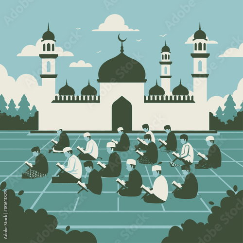 A group of people sitting outdoors in front of a mosque, reading books in a structured setting for religious study.