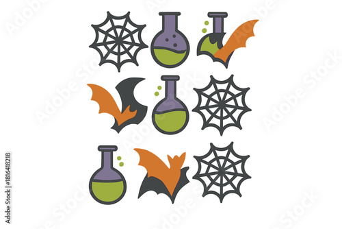 Repeating spooky Halloween symbols set with spiderwebs bats and bubbling chemical flasks