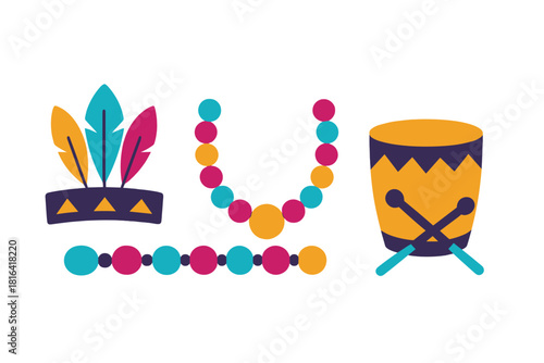 Colorful festive set featuring a feathered headdress, bright beaded necklaces, and a traditional hand drum