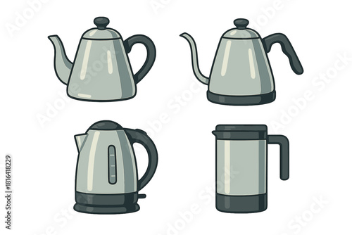 Collection of various modern and traditional kitchen kettles and coffee pots for boiling water