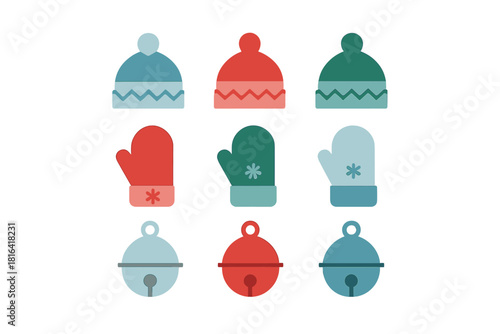Colorful winter holiday accessories set including beanies mittens and jingle bells