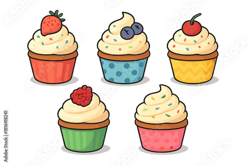 Set of five colorful cupcakes with creamy frosting and fruit toppings like strawberry and cherry