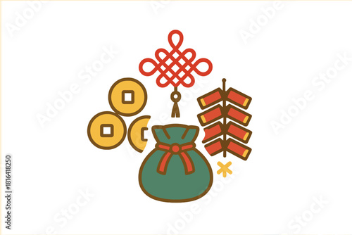 Chinese New Year symbols of prosperity and celebration: lucky knot, ancient coins, money bag, firecrackers