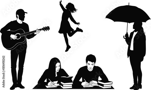 Silhouette vector illustration of guitarist, joyful child jump, focused studying, and umbrella holding in expressive black and white style