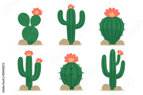Six stylized green desert cacti with bright orange flowers standing on sandy ground