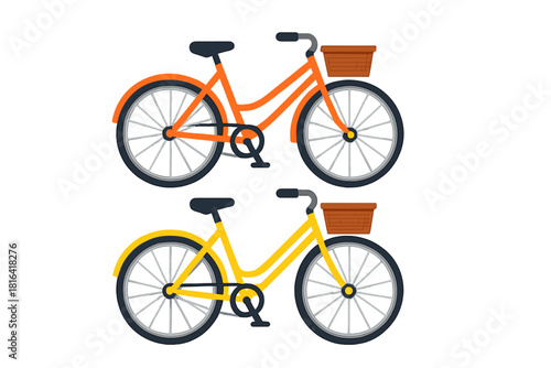 Colorful city bicycles with front baskets for urban commuting and leisure
