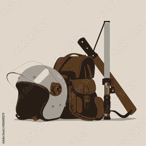 An illustration of a white motorcycle helmet, a brown leather backpack, and a sheathed sword against a plain background.