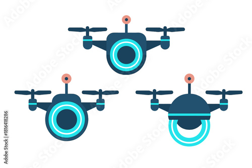 Stylized collection of aerial drones with rotors and camera sensors for modern technology