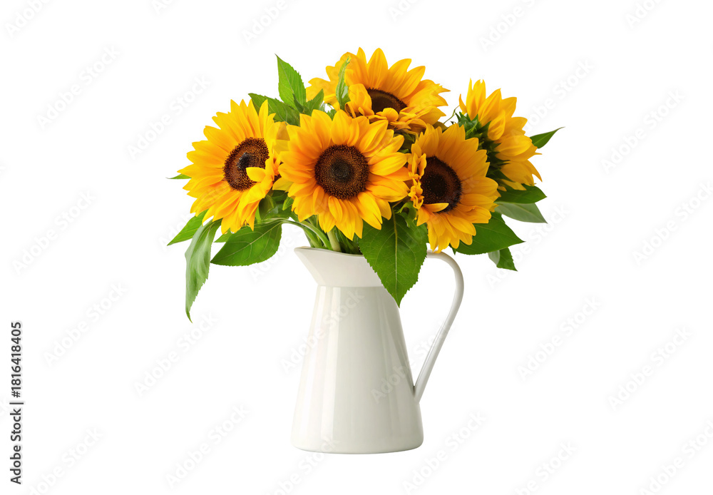 Obraz premium Fresh sunflowers arranged in white ceramic pitcher with green leaves, isolated on a transparent background