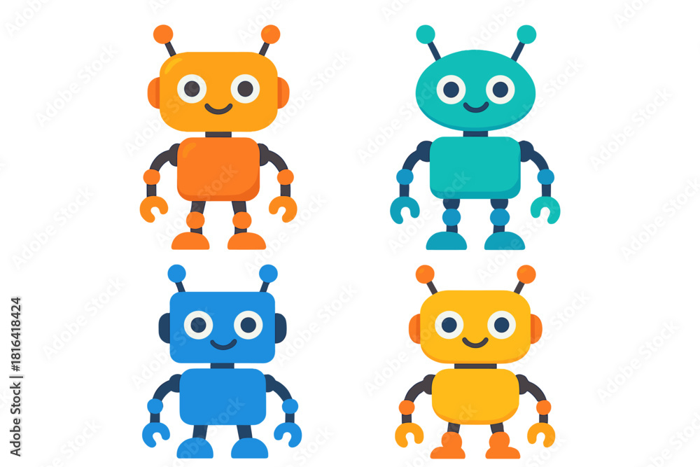 Obraz premium Four colorful friendly cartoon robot characters with antennae and smiling faces