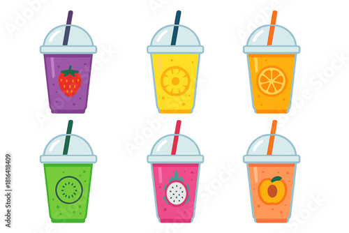 Six colorful fruit smoothies and healthy drinks in disposable plastic cups with straws