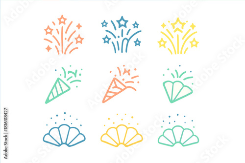 Colorful celebration elements featuring fireworks, party poppers, and decorative fans