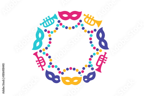 Colorful Mardi Gras carnival frame border with masks, trumpets, and festive beads