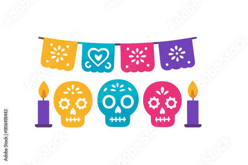 Colorful Day of the Dead sugar skulls with burning candles and traditional Mexican papel picado banners