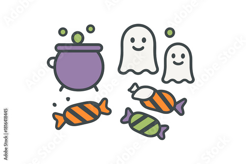 Cute smiling ghosts, bubbling cauldron, and wrapped candy for Halloween design