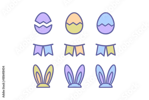 Colorful Easter holiday icons set featuring decorated eggs bunny ears and festive flags