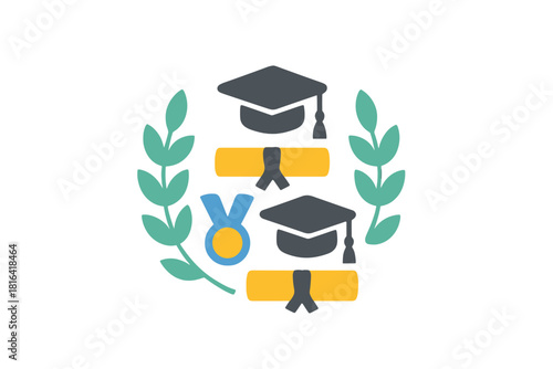 Symbols of academic success including graduation caps diplomas medal and laurel branches