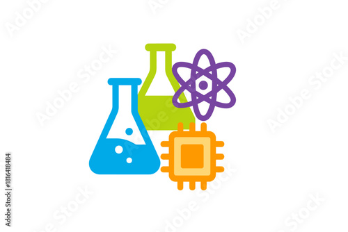 Scientific research and development with chemistry glassware, atom symbol, and microchip icon