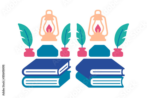 Symmetrical arrangement of vintage study items including stacked books, quill pens in ink pots, and antique oil lanterns