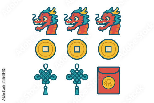 Traditional Chinese New Year symbols featuring dragon heads, lucky coins, knots, and red envelope