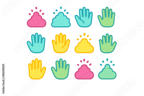 Vibrant collection of stylized hand icons and abstract shapes symbolizing applause