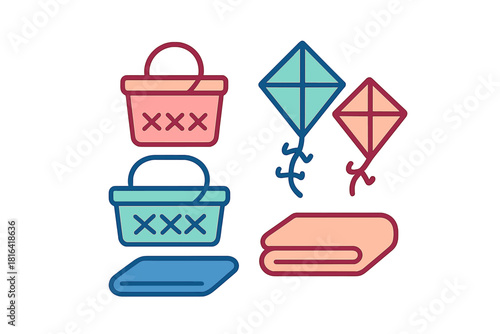 Collection of colorful picnic baskets, flying kites, and folded blanket for outdoor recreation