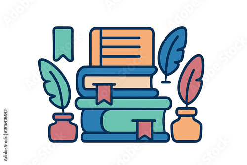 Stacked books with bookmarks and vintage writing tools like quill pens and inkwells