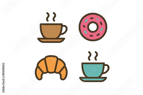 Set of breakfast items including steaming coffee cups, a sweet glazed donut, and a fresh baked croissant