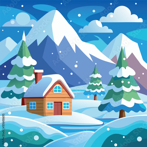 Cozy winter cabin in a snowy landscape, glowing windows, pine trees, mountains, moonlit night sky, falling snow, colorful vector illustration