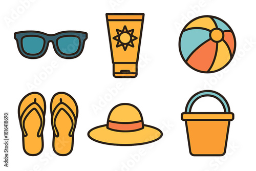 Colorful set of summer vacation and beach essentials: sunglasses, sunscreen, flip flops, hat, and bucket